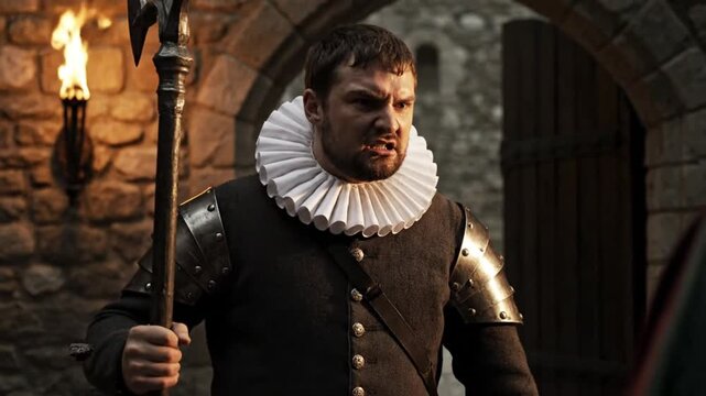 Furious Medieval Guard in Period Costume Ruff and Armor Holding Halberd in Torchlit Stone Castle Intense Historical Warrior in Dark Dramatic Scene