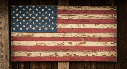 Weathered wooden American flag affixed to a rustic wooden wall.