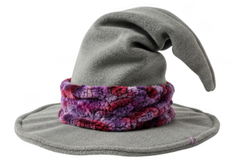 Grey wizard hat with purple band isolated on transparent background