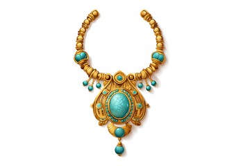 Exquisite Golden Necklace Adorned with Turquoise Gemstones, a Majestic Piece of Jewelry.