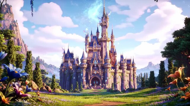 Fairytale castle, magical landscape, game background, fantasy