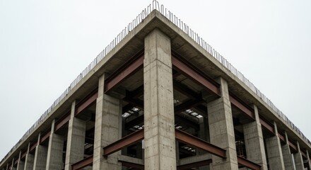 Low angle view of a modern building's corner featuring concrete pillars and steel beams against a gray sky.