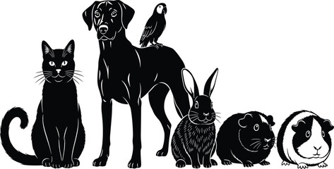 Black and white silhouette illustration of cat, dog, bird, rabbit, and guinea pigs as adorable domestic pet animal collection