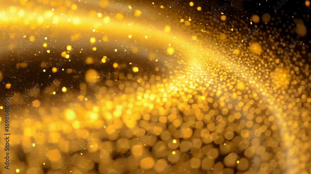 Poster shimmering golden particles cascading in fluid, sweeping motion across deep black backdrop. radiant 