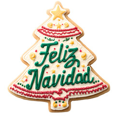 vibrantes letras de "Feliz Navidad" sobre una galleta casera de &aacute;rbol de Navidad con glaseado blanco