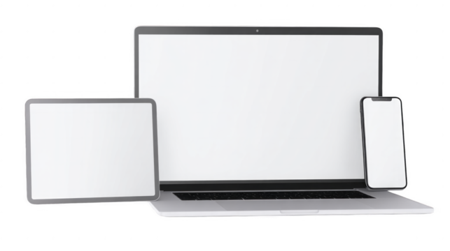 Three laptops and two cell phones are displayed on a white background
