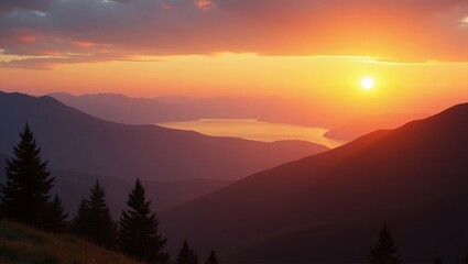 Obraz premium Serene Sunset over Mountain Lake with Forest – Golden Hour Scenic Landscape