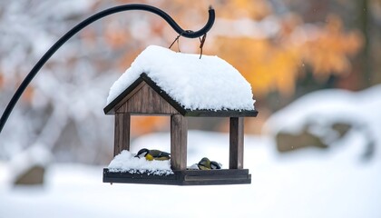Wooden bird feeder in snow