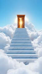 Stairway to heaven with a golden door and bright light surrounded by clouds