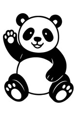 Cute black and white cartoon panda waving illustration, simple happy baby animal graphic, adorable sitting giant panda character design for children, friendly welcoming gesture icon, minimalist mascot