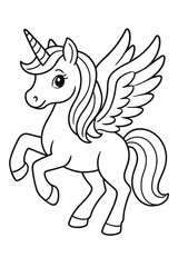 Fototapeta premium Enchanting mythical winged unicorn outlined illustration for children's coloring pages, featuring a majestic magical fantasy creature with a majestic horn and elegant wings, perfect for creative kids 