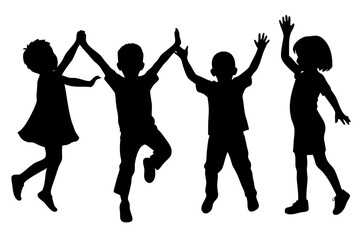 Obraz premium Silhouette of children jumping and celebrating together in a playful and joyous manner conveying childhood happiness and the spirit of friendship and togetherness in a simple design