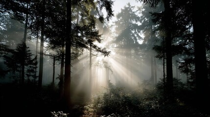 Fototapeta premium Mystical forest landscape, sunbeams cutting through trees creating a magical atmosphere