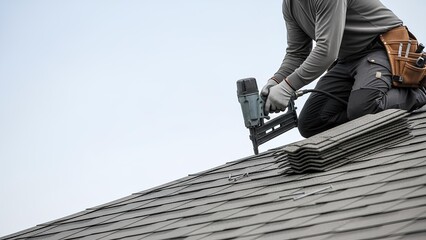 Roofing contractor installing shingles on a sloped residential roof with a pneumatic nail gun under a clear sky