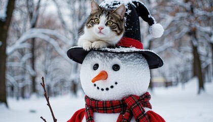 Cute calico cat sits atop a snowman wearing a santa hat in a snowy forest
