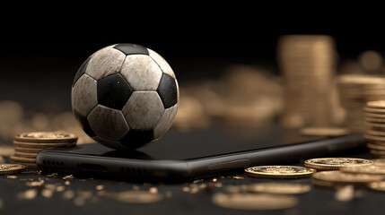 soccer ball on mobile phone with gold coins scattered money illustrating sports lotto online casino gambling digital betting and winning fortune concept