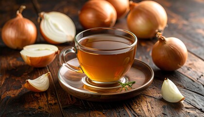 Onions and tea on a wooden table