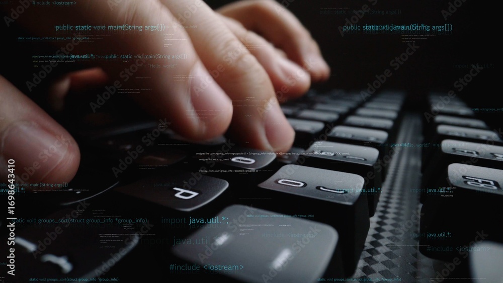 Poster a close-up view of hands typing on a keyboard, surrounded by code overlays, showcasing a modern digi