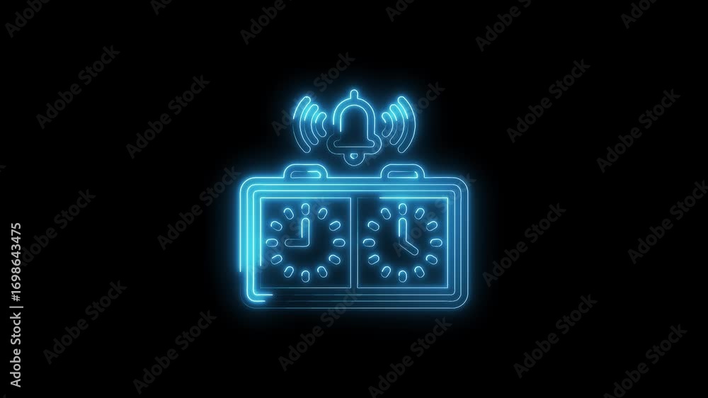 Poster neon chess clock countdown timer with ringing bell animation on black background