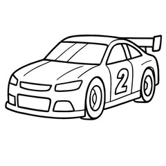 Fototapeta premium Dynamic Black and White Line Art Drawing of a Sleek Race Car with a Prominent Spoiler and Number Two, Ideal for Kids' Coloring Pages, Automotive Enthusiasts, and Creative Projects Needing a High-Speed