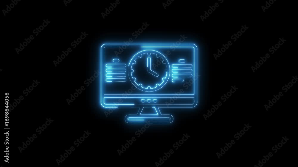 Poster neon computer monitor with clock display animating for business technology and time management conce