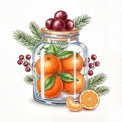 Jar with tangerines, berries and fir branches isolated on white background