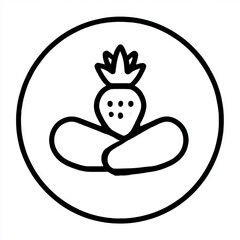 Strawberry and Leaves Icon, Minimalist Line Art, Black and White, Representing Organic Produce and Natural Food with copy space.