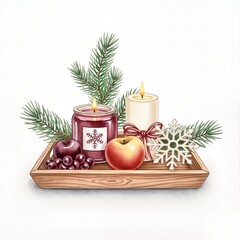 Christmas tray with candles, apple and fir branches isolated on white background