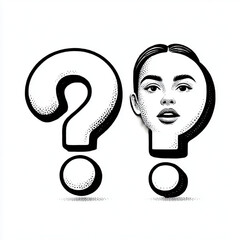 Question Mark with a Woman's Face, Engraving Style, Black and White, Representing Identity, Thought, and Inquiry with copy space.