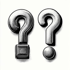 Two Question Marks, Engraving Style, Black and White, Representing Query and Uncertainty with copy space.
