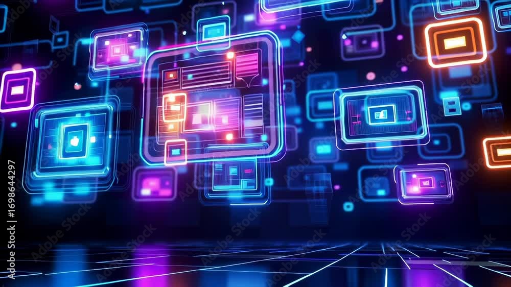 Poster sophisticated holographic environment with translucent interface panels floating in dark technologic