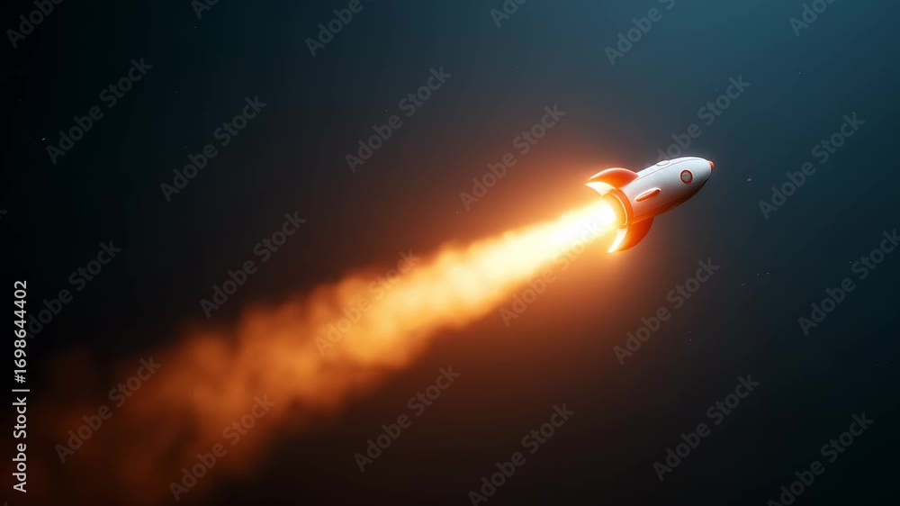 Poster vertical rocket climbing through dark starry environment, generating intense luminous propulsion tra