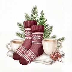 Knitted socks and cup with fir branches isolated on white background