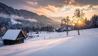 Snowy village at sunset (4)