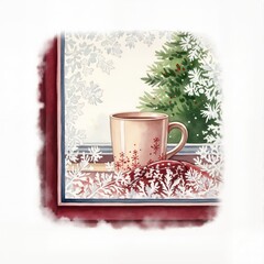 Mug on winter windowsill with fir branches isolated on white background
