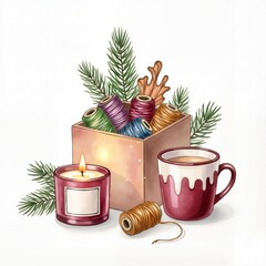 Christmas composition with cup, candle, thread box and cookie isolated on white background
