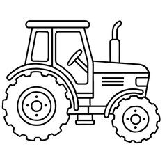 Detailed Outline Drawing of a Classic Farm Tractor for Agricultural Operations and Rural Work, Featuring Robust Wheels, Driver Cabin, Engine, and Exhaust Pipe, Ideal for Coloring Pages, Educational Ma