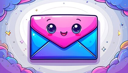 Cute, cartoon envelope with a happy expression, framed by swirling clouds