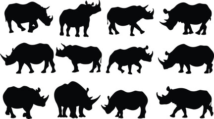 Silhouettes of fourteen different rhinoceros shapes in black vector, perfect for wildlife, safari, nature, and animal design projects