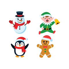Cute Christmas Characters Snowman Penguin Elf Gingerbread Man Festive Fun Keywords: snowman, penguin