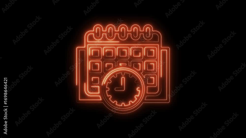 Poster neon calendar with clock animation symbolizes deadline schedule reminder time management and appoint