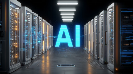 Large AI lettering glowing within a server hall, signaling enterprise commitment to artificial intelligence strategy modernization and capability.

