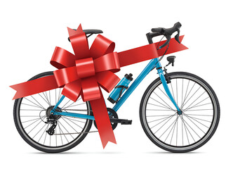 Blue bicycle with a large red bow on a white background