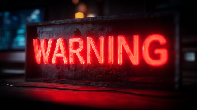 Neon warning sign illuminated in a control environment, signifying risk alert, potential failure, and the need for immediate protective action.
