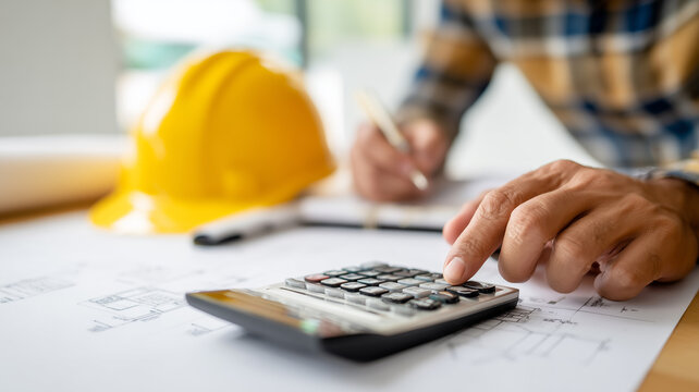 Engineer using a calculator over blueprints with safety gear nearby, conveying construction budgeting, project planning discipline, and cost estimation control.
