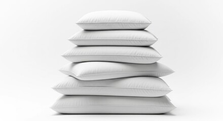Stack of soft white pillows stacked high, creating a comfortable and inviting image for relaxation and peaceful sleep .