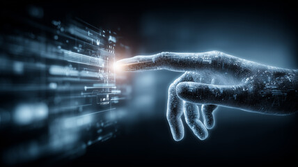 A cybernetic hand pressing a virtual control panel, expressing command activation secure operations and precision interface control in complex digital systems.
