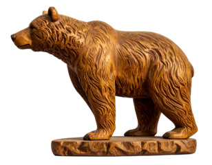 Rustic Hand-Carved Wooden Bear Figurine with Textured Fur, Standing Pose, Side View, Isolated on Transparent Background