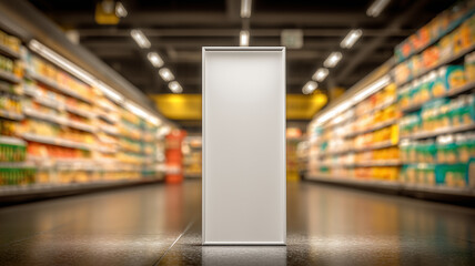 A blank retail display in a grocery aisle ready for branding representing product launch visibility and point of sale promotion.
