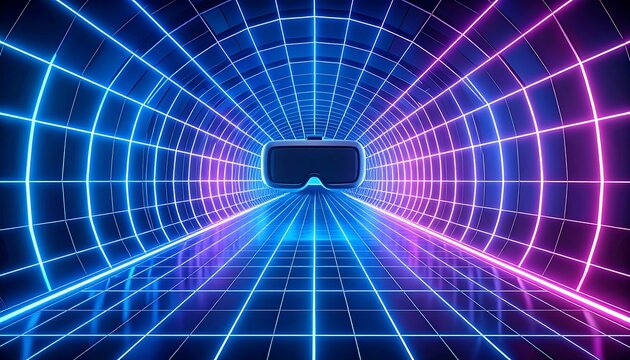 A VR headset floats in a neon-lit tunnel, grids and glowing lines creating a digital perspective